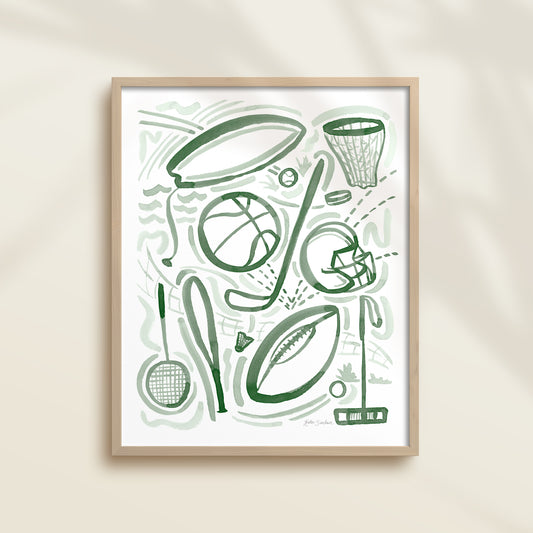 Sports 1 is a watercolor art print featuring basketball, football, surfing, polo, badminton, hockey, and baseball.  It uses green watercolor on a white background. Perfect for boys’ rooms, nurseries, playrooms.