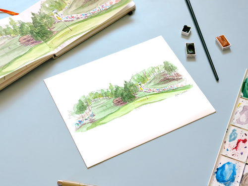 No.7 Pampas and No.3 Flowering Peach handmade watercolor art for kids featuring playful golf scene for a colorful home