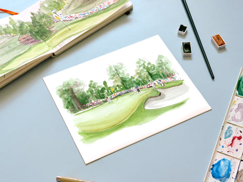No.7 Pampas Green handmade watercolor art for kids featuring a lively golf green scene for a playful, colorful home