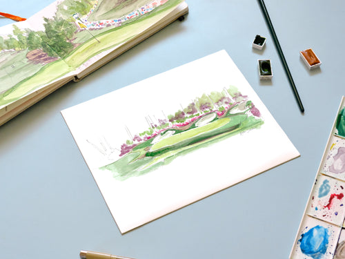 No.13 Azalea Sketch handmade watercolor art for kids capturing Augusta golf scene for a playful, colorful home nursery decor