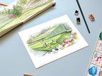 No.16 Redbud Water handmade watercolor art for kids capturing playful golf scene watercolor art for a playful colorful home