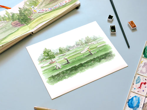 Driving Range handmade watercolor art for kids depicting golfers on a lush green course watercolor art for a playful colorful home
