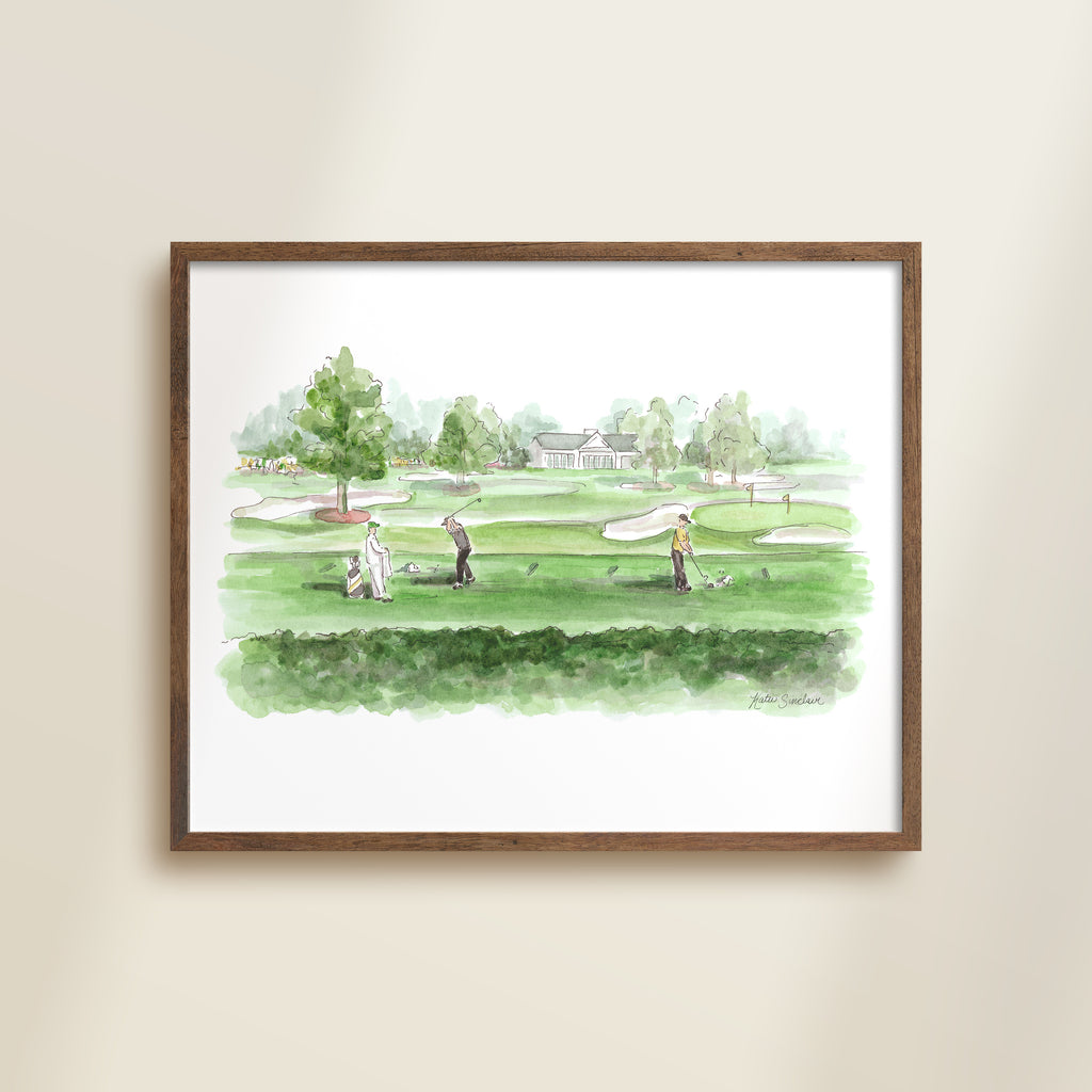 Driving Range handmade watercolor art for kids showing golfers practicing on lush green for a playful, colorful home