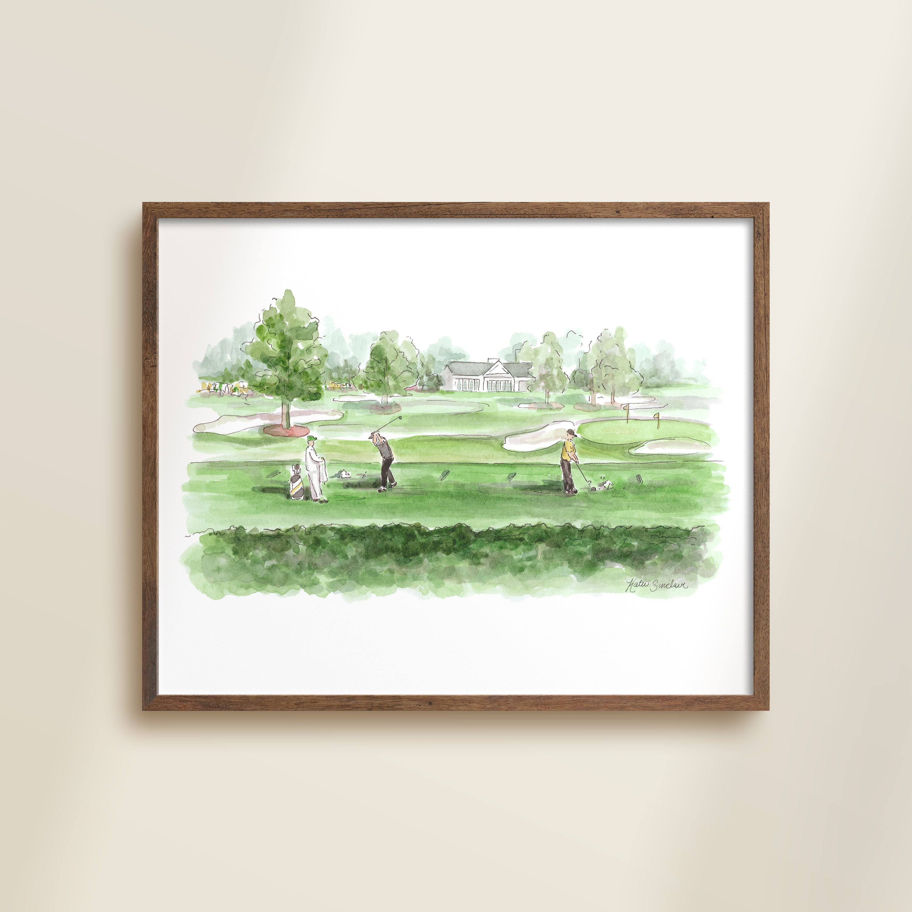 Driving Range handmade watercolor art for kids showing golfers practicing on lush green for a playful, colorful home