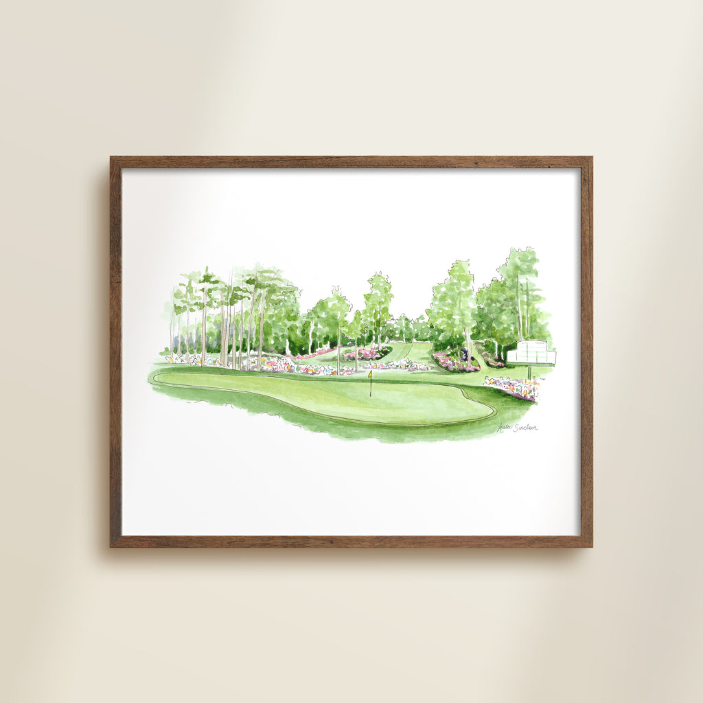 golf landscape fairway view from green watercolor archival print in wooden frame by Katie Sinclair