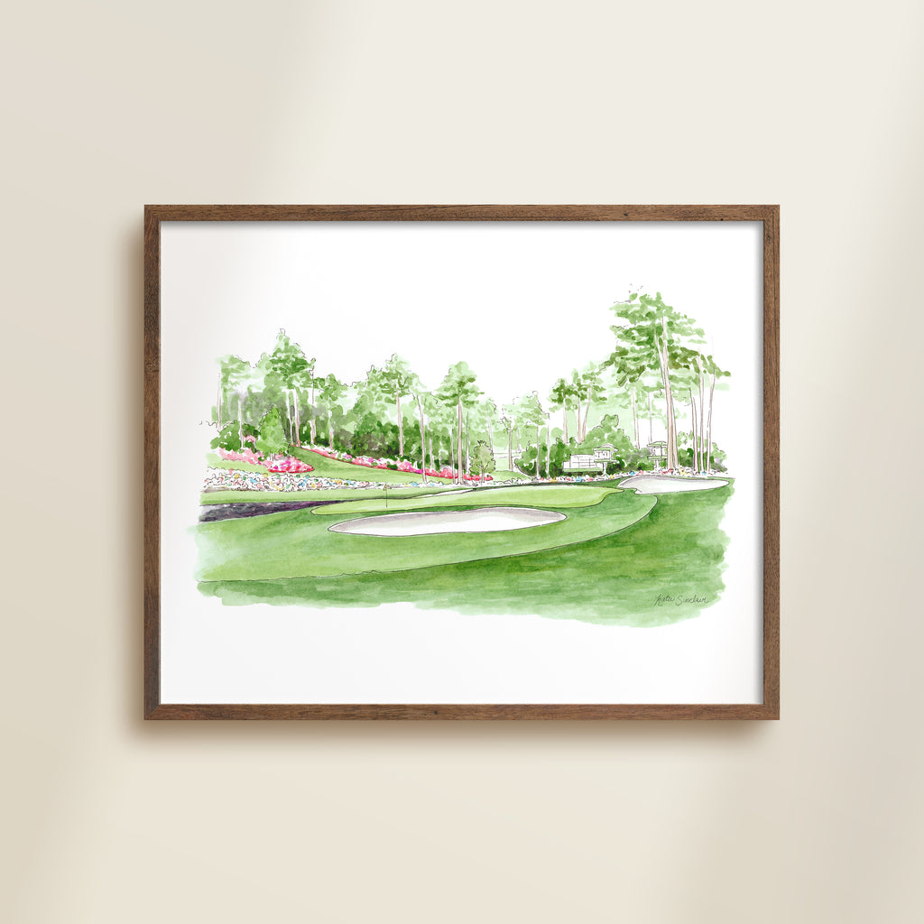 golf landscape green watercolor archival print in wooden frame by Katie Sinclair