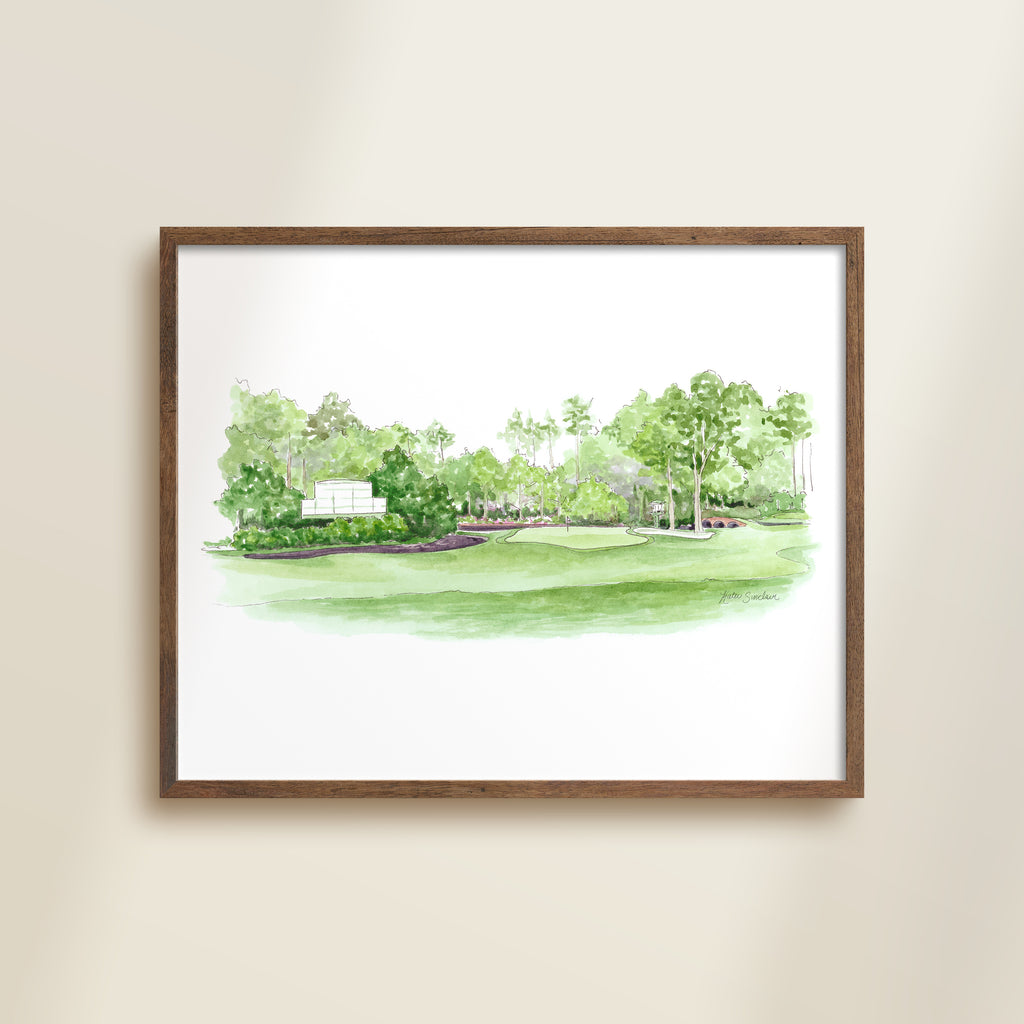 golf landscape watercolor archival print in wooden frame by Katie Sinclair