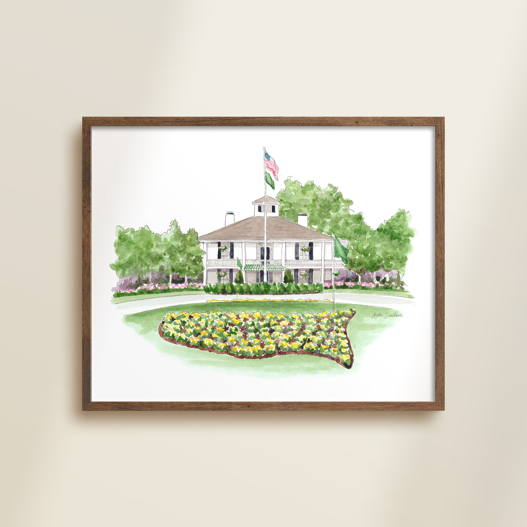 golf clubhouse watercolor archival print in wooden frame by Katie Sinclair