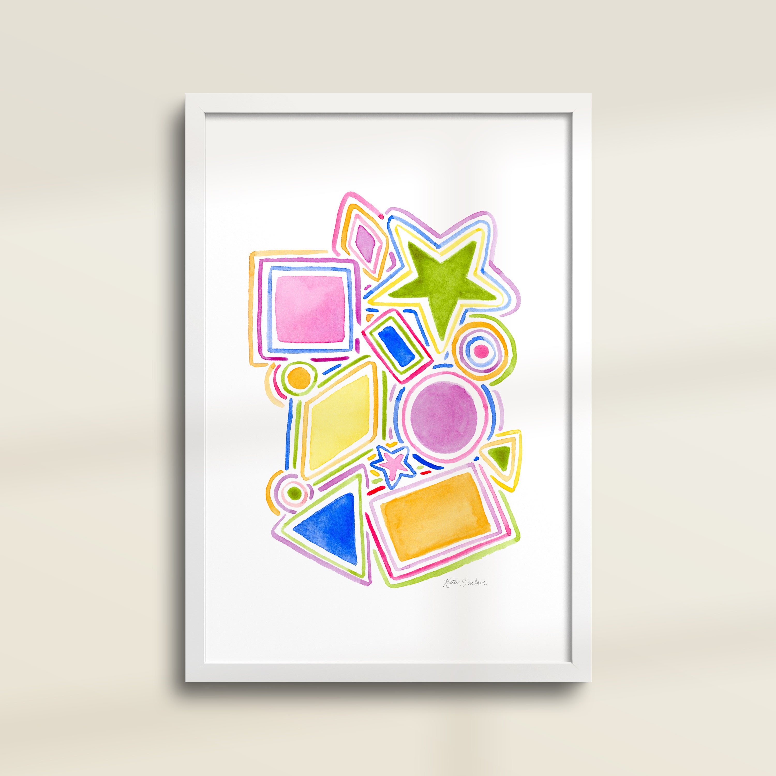 Framed archival watercolor print of shapes and lines by Katie Sinclair.