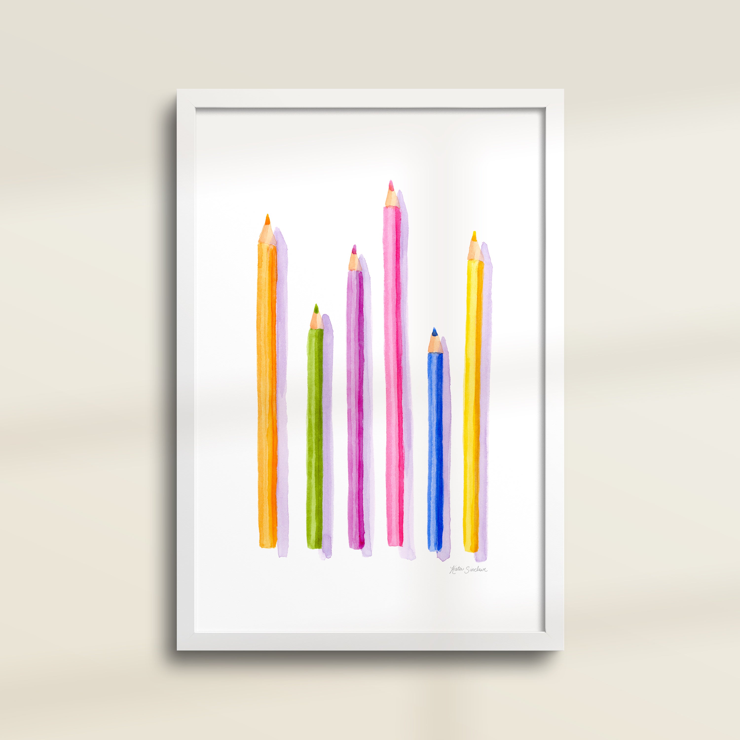 Framed archival watercolor print of colored pencils by Katie Sinclair.
