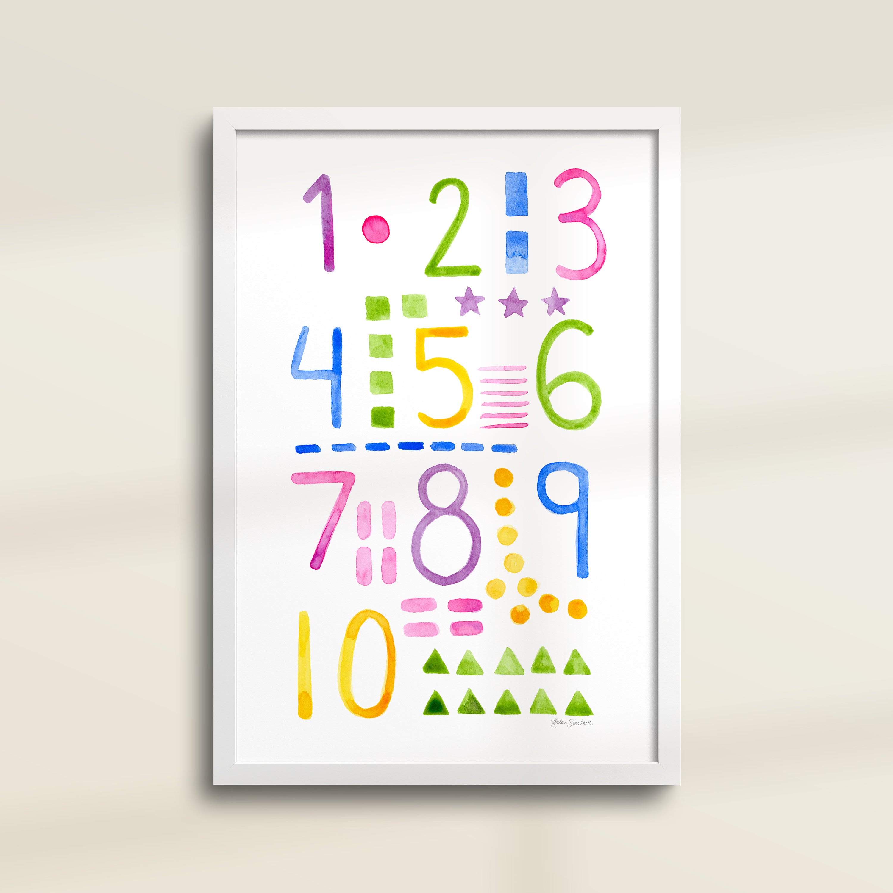Framed archival watercolor print of numbers and shapes by Katie Sinclair.