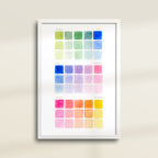 Framed archival watercolor print of color swatches with blue, green, yellow, and pink by Katie Sinclair.