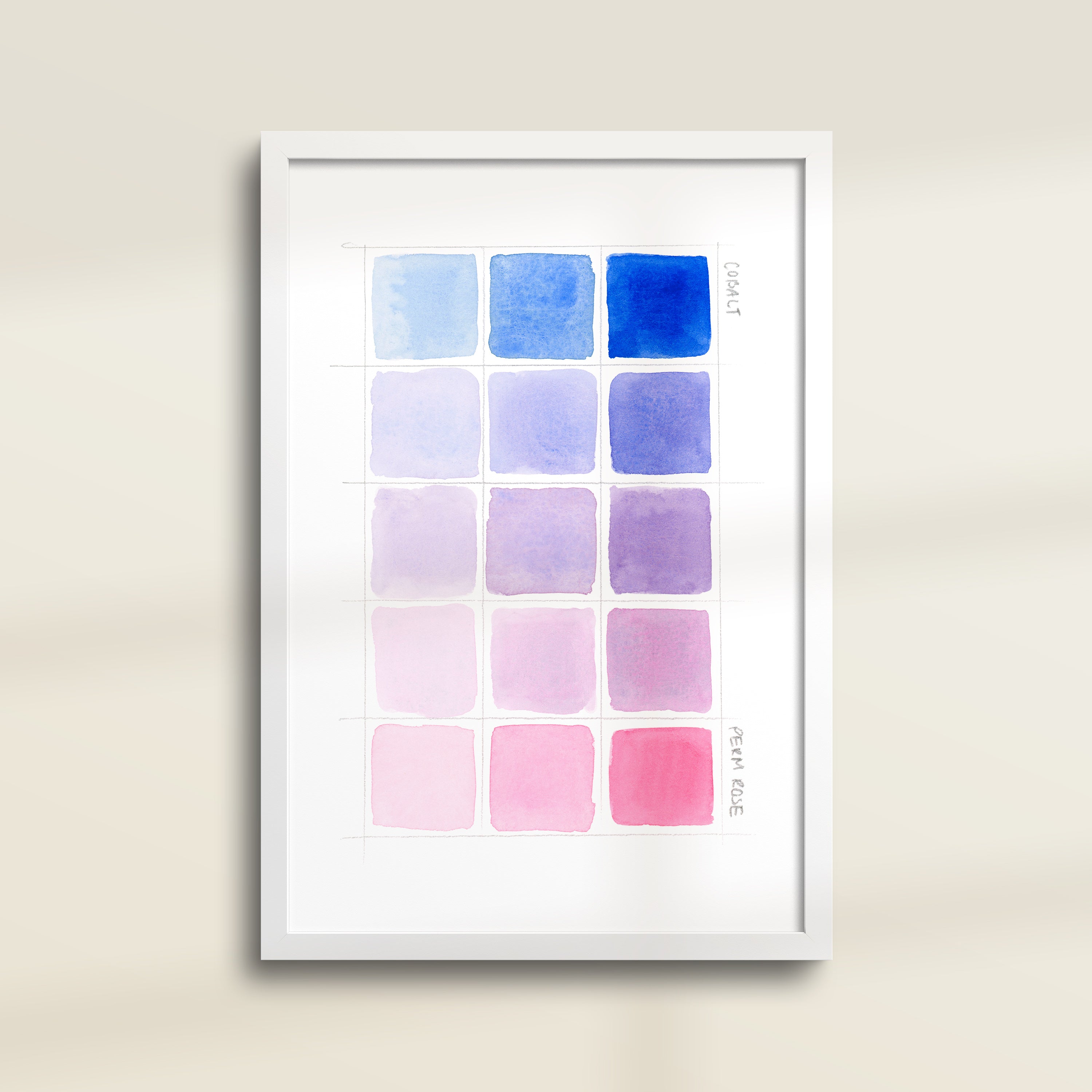 Framed archival watercolor print of a blue and pink watercolor swatch chart by Katie Sinclair.
