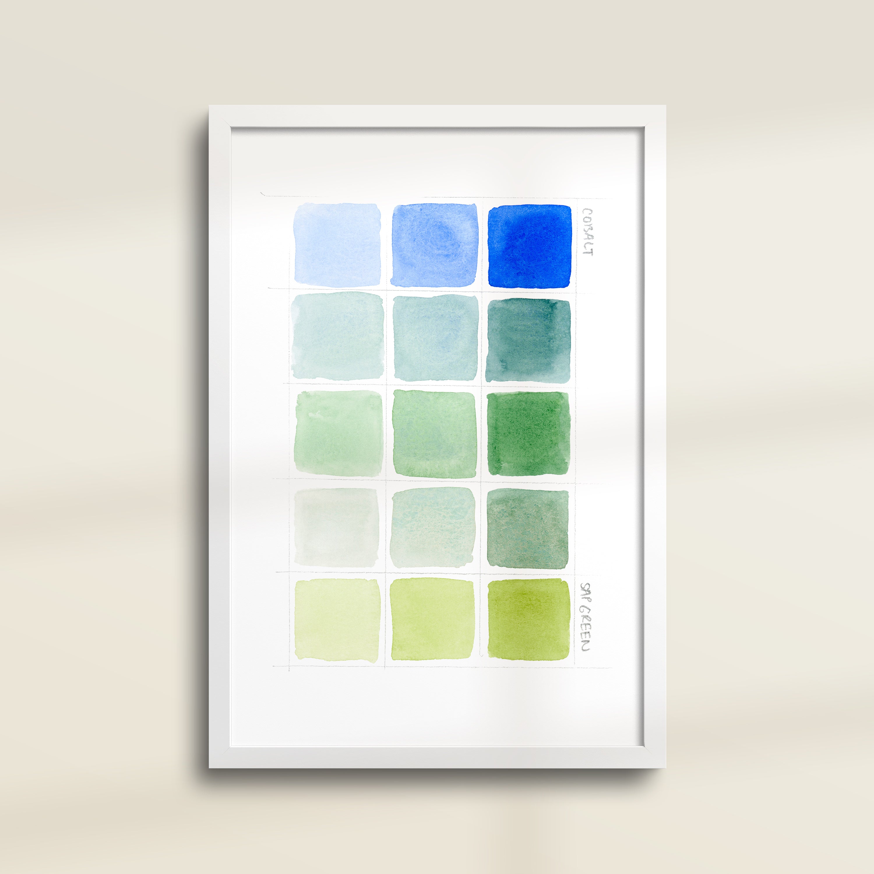 Framed archival watercolor print of a blue and green watercolor swatch chart by Katie Sinclair.