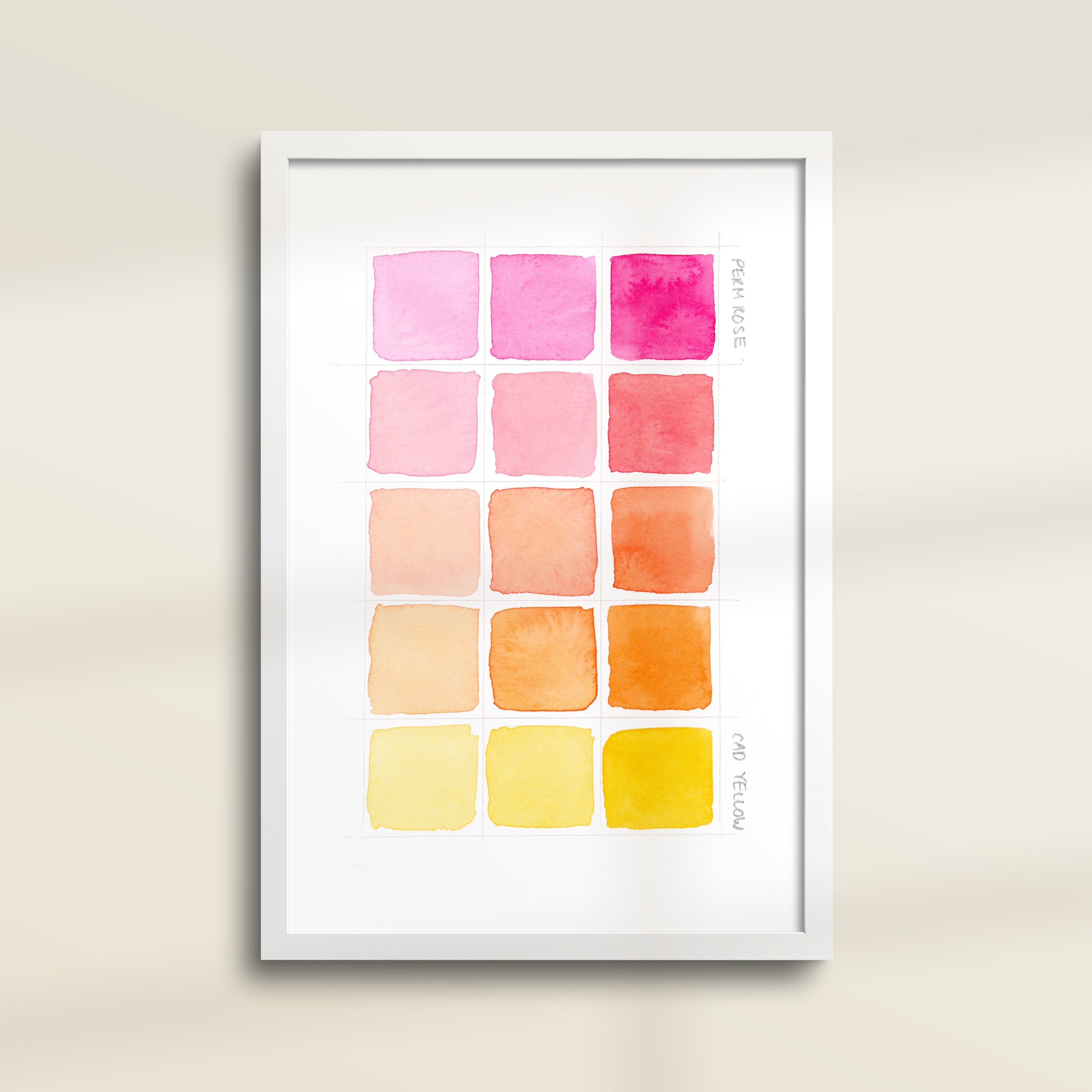 Framed archival watercolor print of a pink and yellow watercolor swatch chart by Katie Sinclair.