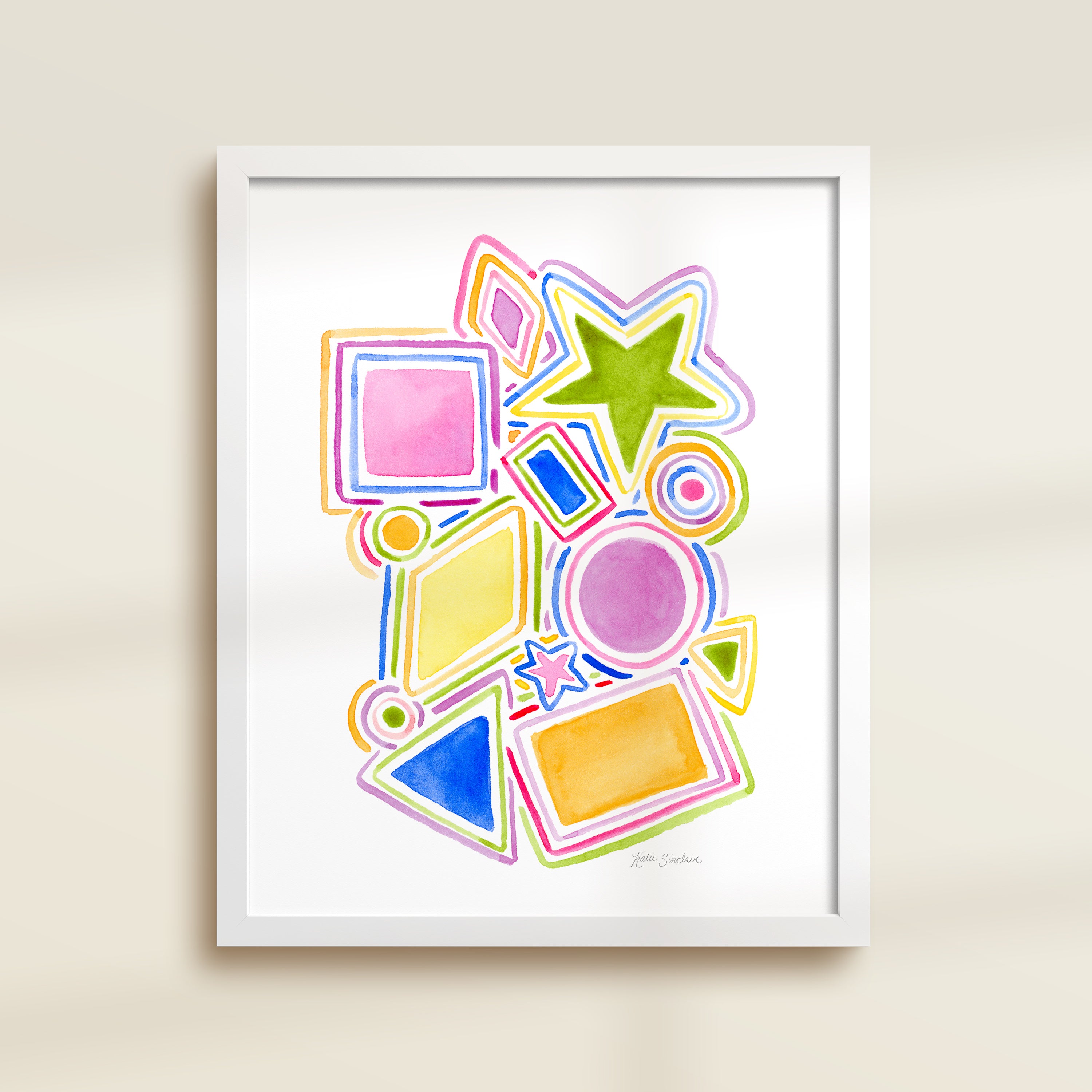 Framed archival watercolor print of shapes and lines by Katie Sinclair.