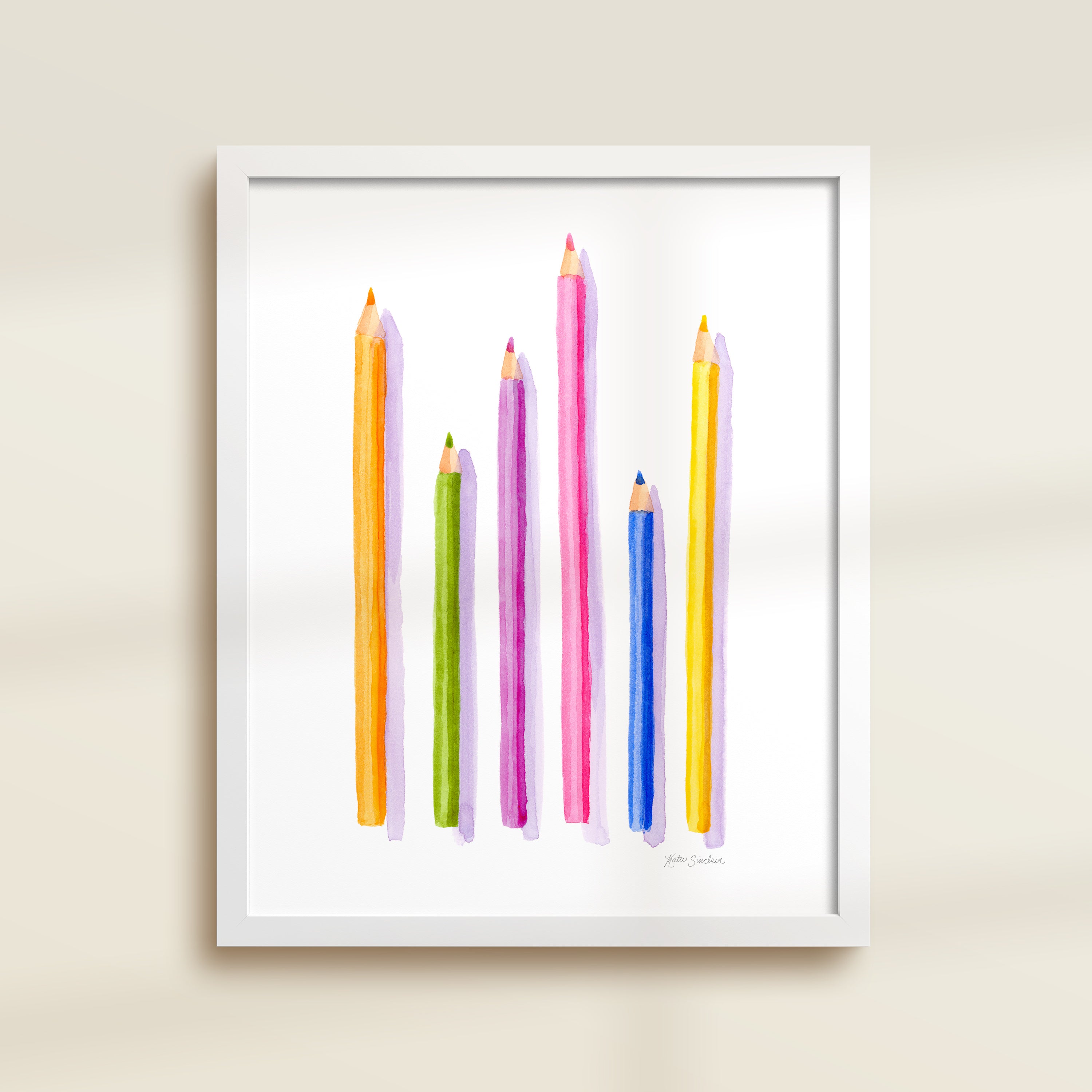 Framed archival watercolor print of colored pencils by Katie Sinclair.
