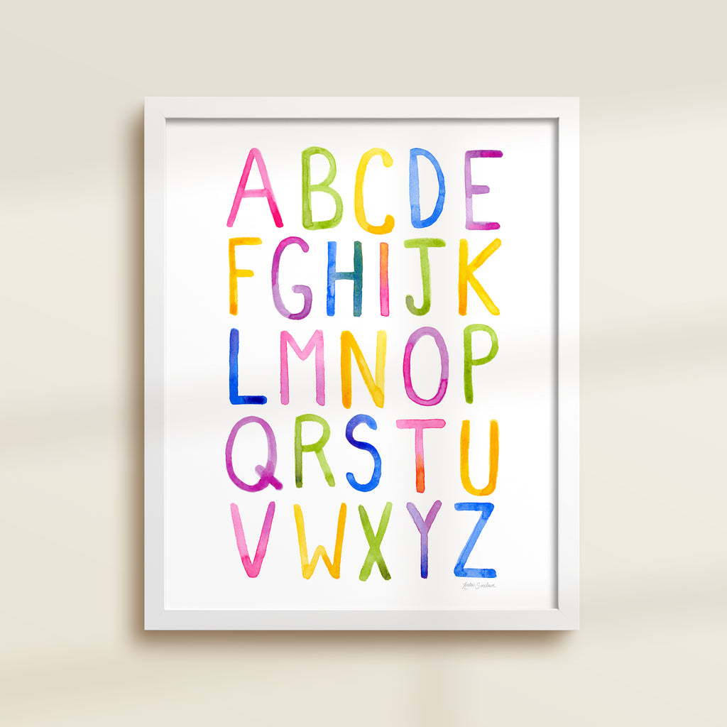 Framed archival watercolor print of a simple alphabet by Katie Sinclair.