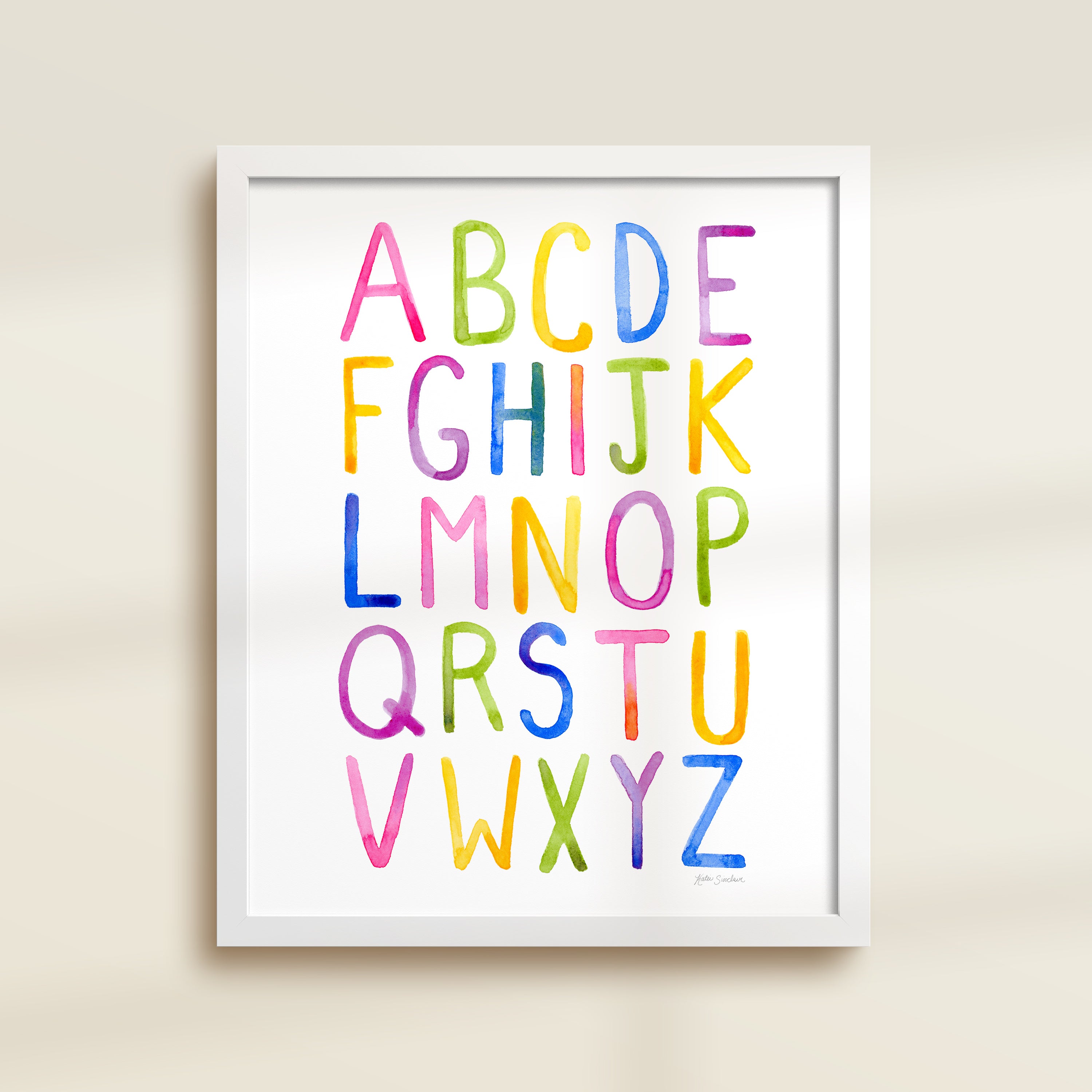Framed archival watercolor print of a simple alphabet by Katie Sinclair.