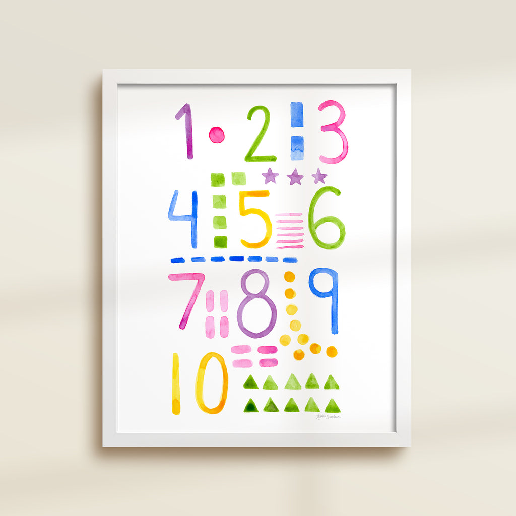 Framed archival watercolor print of numbers and shapes by Katie Sinclair.