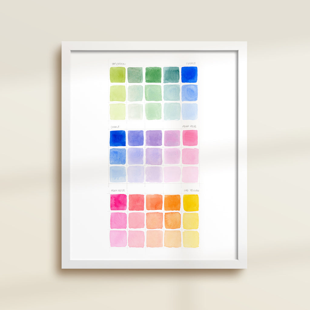 Framed archival watercolor print of color swatches with blue, green, yellow, and pink by Katie Sinclair.
