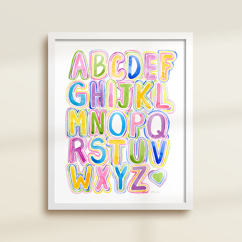 Framed archival watercolor print of a bubble letter alphabet chart by Katie Sinclair.