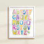 Framed archival watercolor print of a bubble letter alphabet chart by Katie Sinclair.
