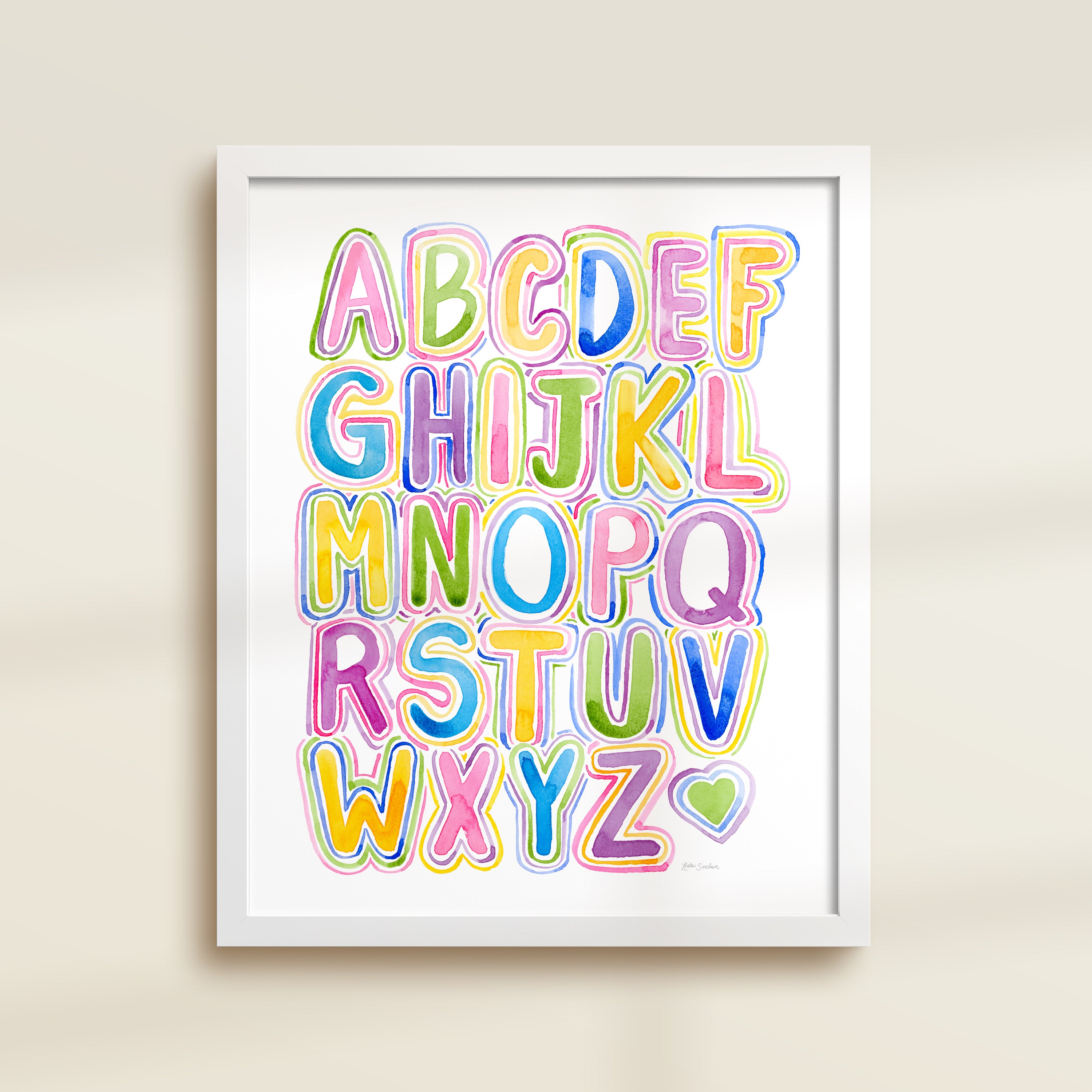 Framed archival watercolor print of a bubble letter alphabet chart by Katie Sinclair.