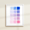 Framed archival watercolor print of a blue and pink watercolor swatch chart by Katie Sinclair.