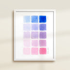 Framed archival watercolor print of a blue and pink watercolor swatch chart by Katie Sinclair.