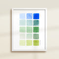 Framed archival watercolor print of a blue and green watercolor swatch chart by Katie Sinclair.