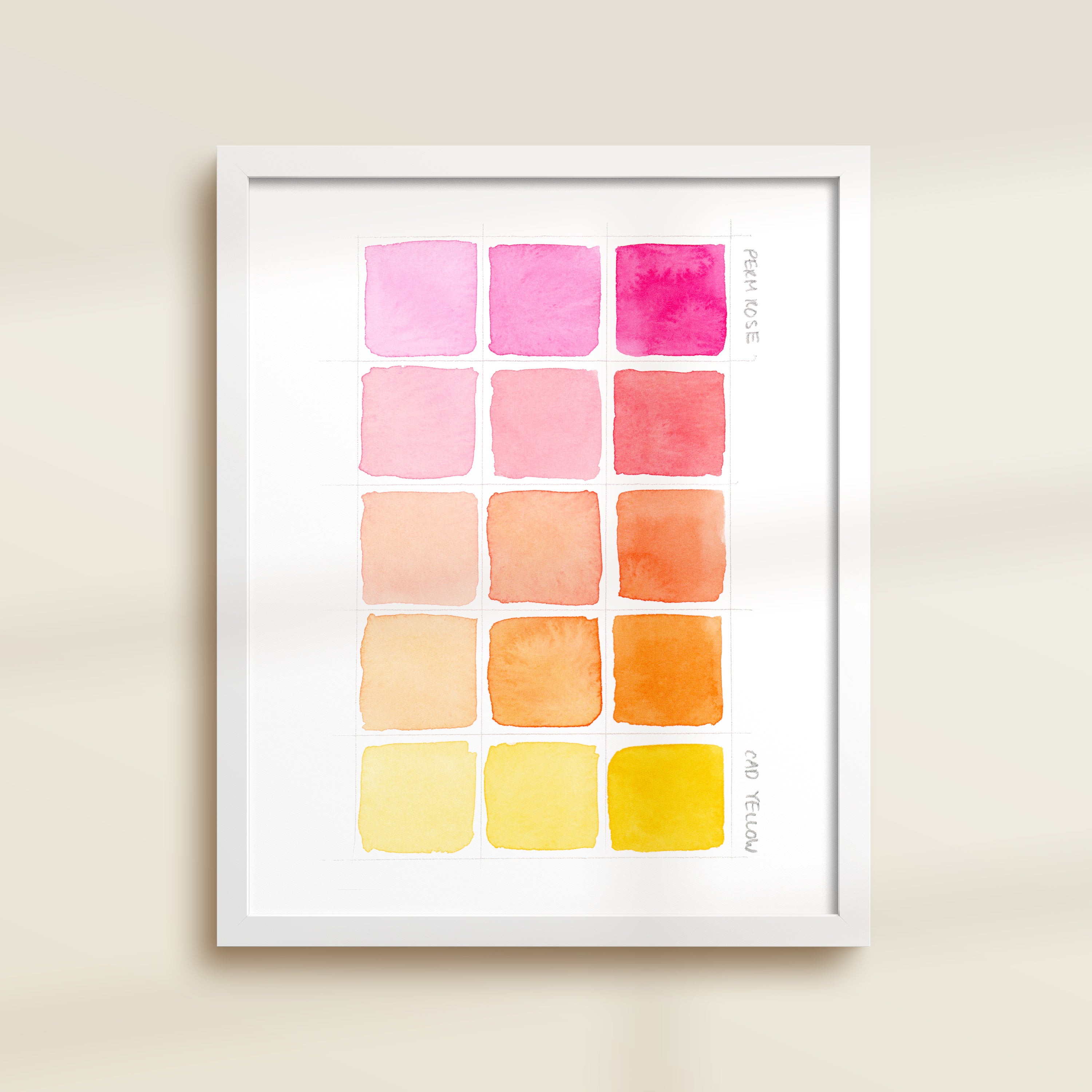 Framed archival watercolor print of a pink and yellow watercolor swatch chart by Katie Sinclair.