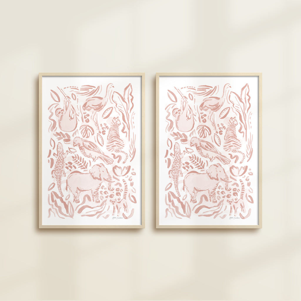 The Safari Jungle watercolor by Katie Sinclair, perfect for nurseries or playrooms.  Featured in the pink blush colorway with wooden frames and no mat.