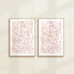 The Safari Jungle watercolor by Katie Sinclair, perfect for nurseries or playrooms.  Featured in the pink blush colorway with wooden frames and no mat.