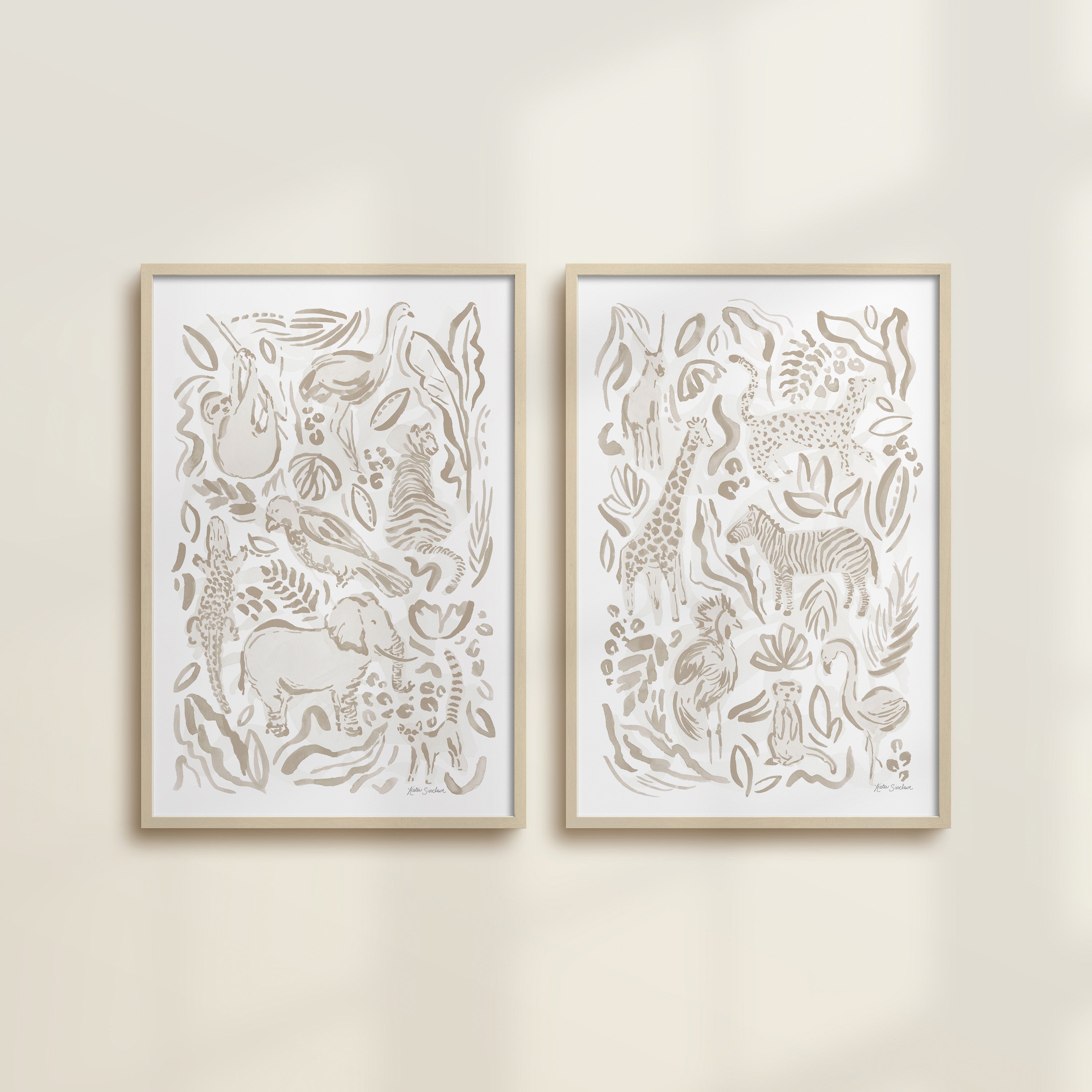The Safari Jungle watercolor by Katie Sinclair, perfect for nurseries or playrooms.  Featured in the gray colorway with wooden frames and no mat.