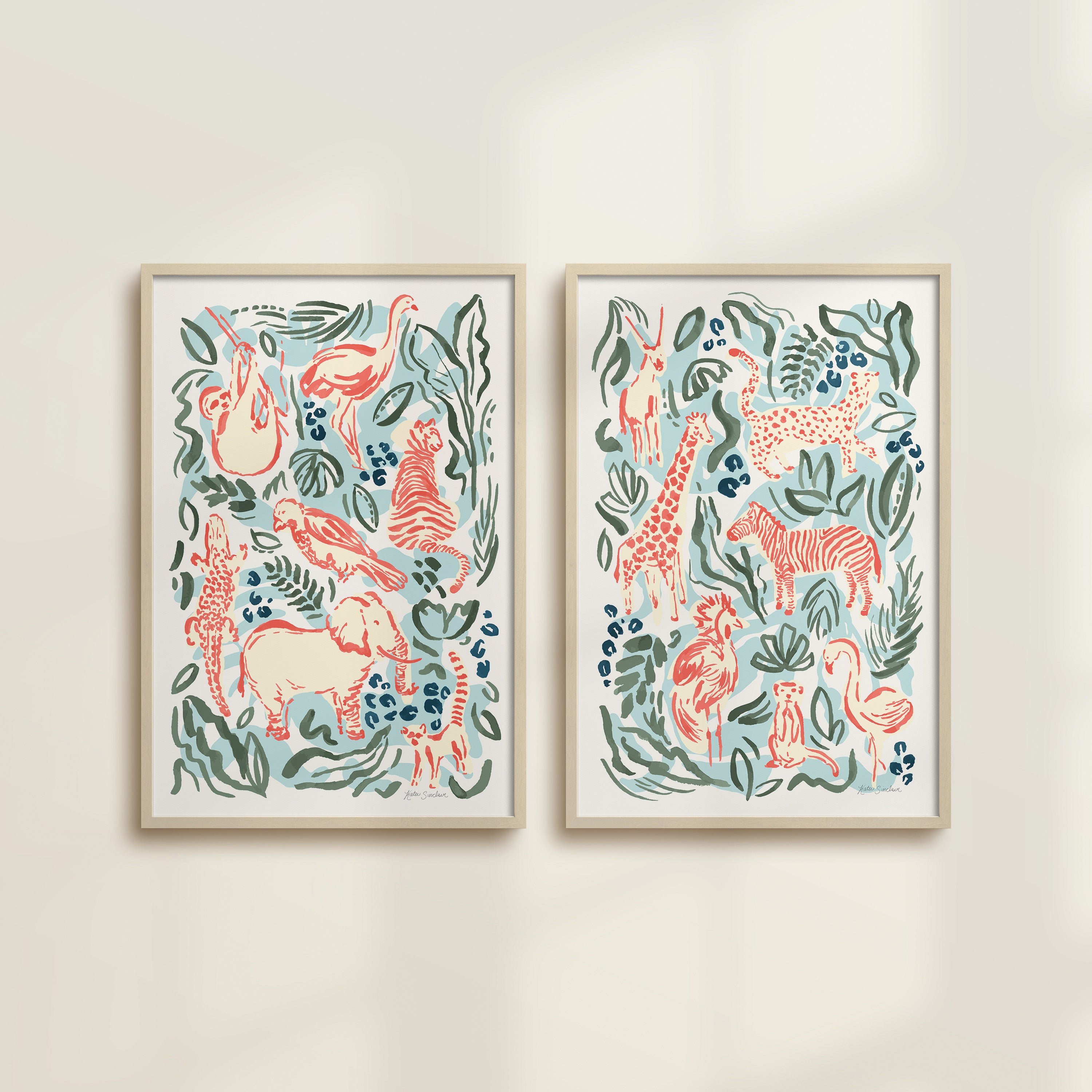 The Safari Jungle watercolor by Katie Sinclair, perfect for nurseries or playrooms.  Featured in the Jungle colorway with wooden frames and no mat.