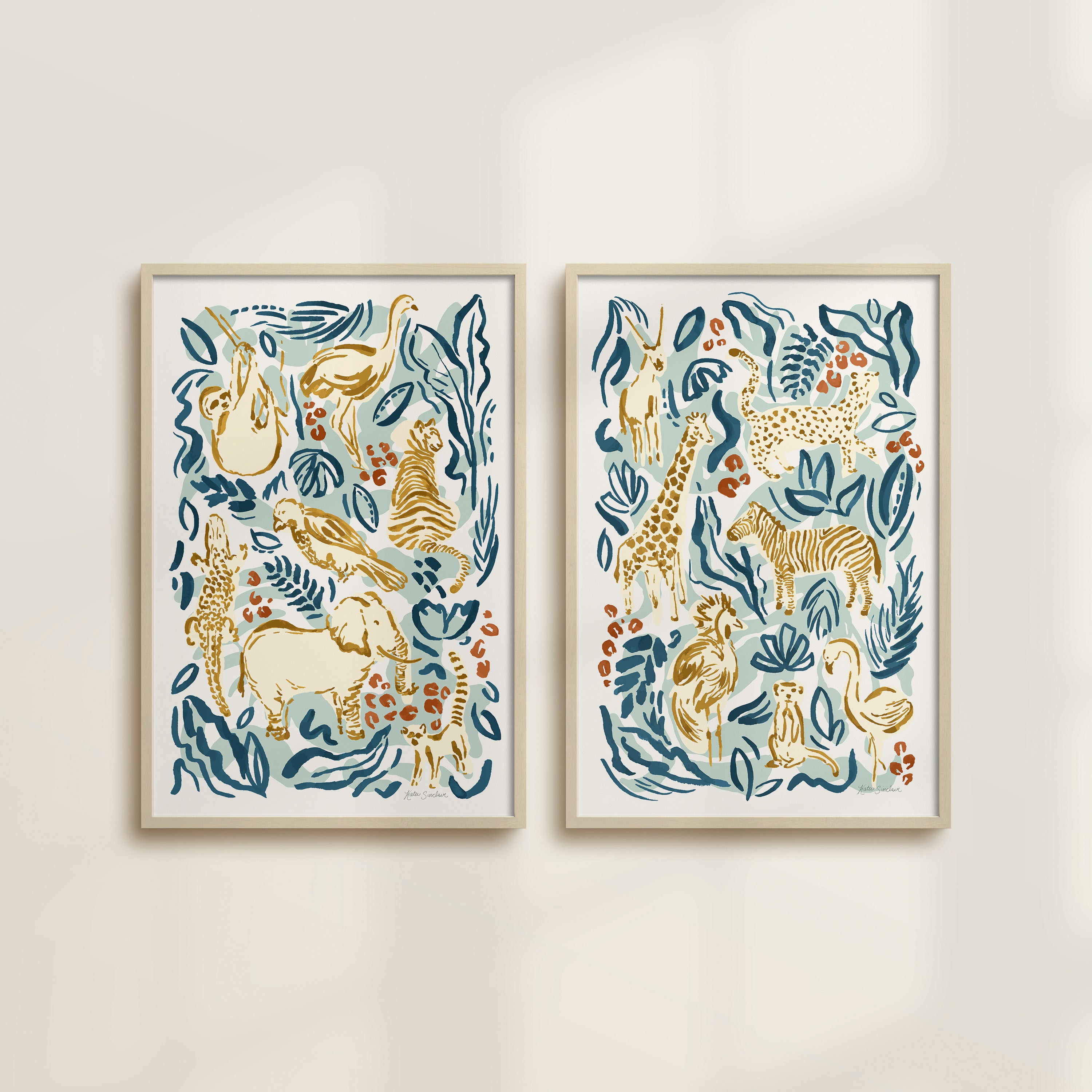 The Safari Jungle watercolor by Katie Sinclair, perfect for nurseries or playrooms.  Featured in the Safari colorway with wooden frames and no mat.