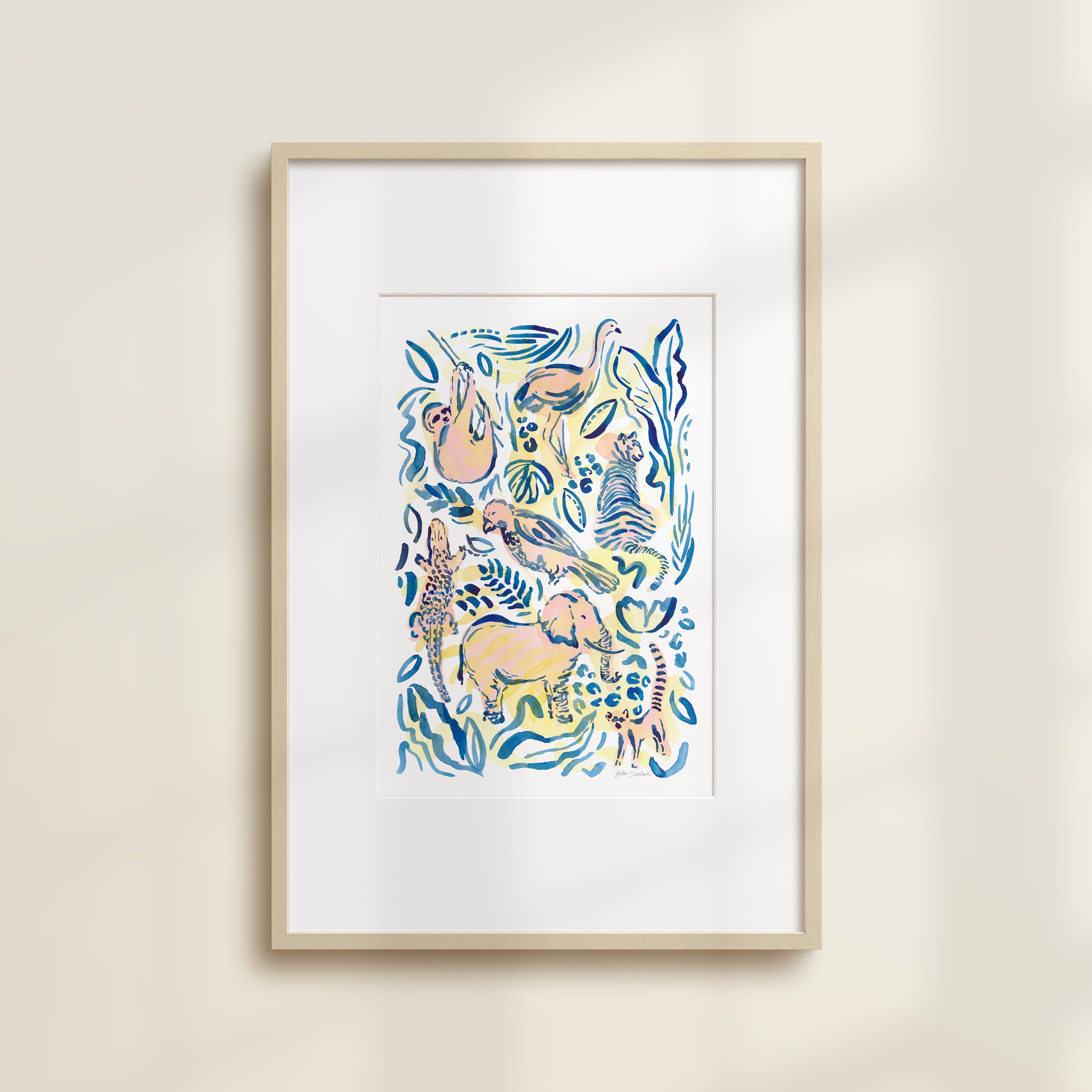 The Safari Jungle Elephant by Katie Sinclair watercolor print in the Multi colorway, in a wooden frame with a white mat.