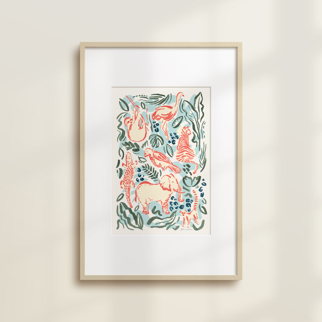 The Safari Jungle Elephant by Katie Sinclair watercolor print in the Jungle colorway, in a wooden frame with a white mat.