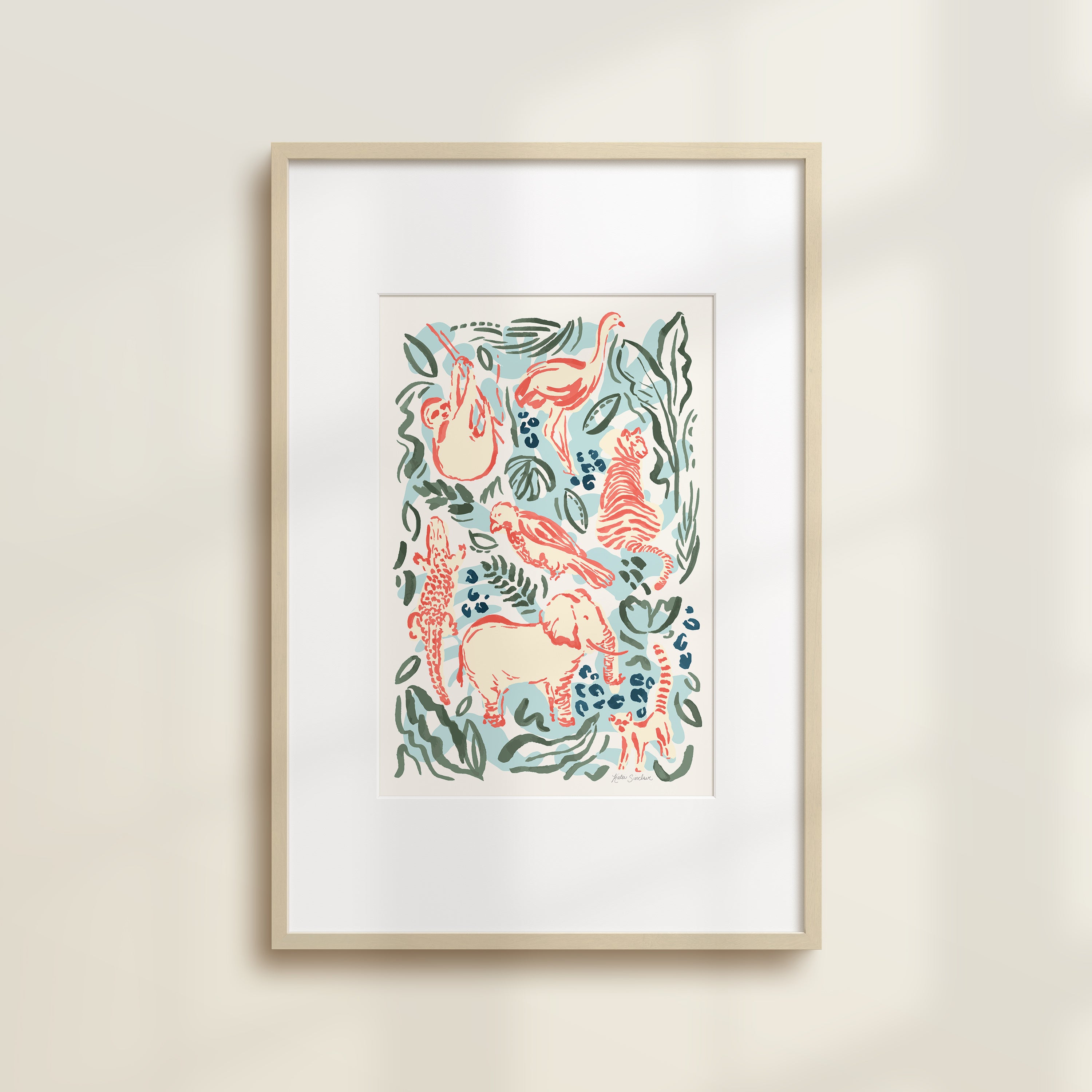 The Safari Jungle Elephant by Katie Sinclair watercolor print in the Jungle colorway, in a wooden frame with a white mat.