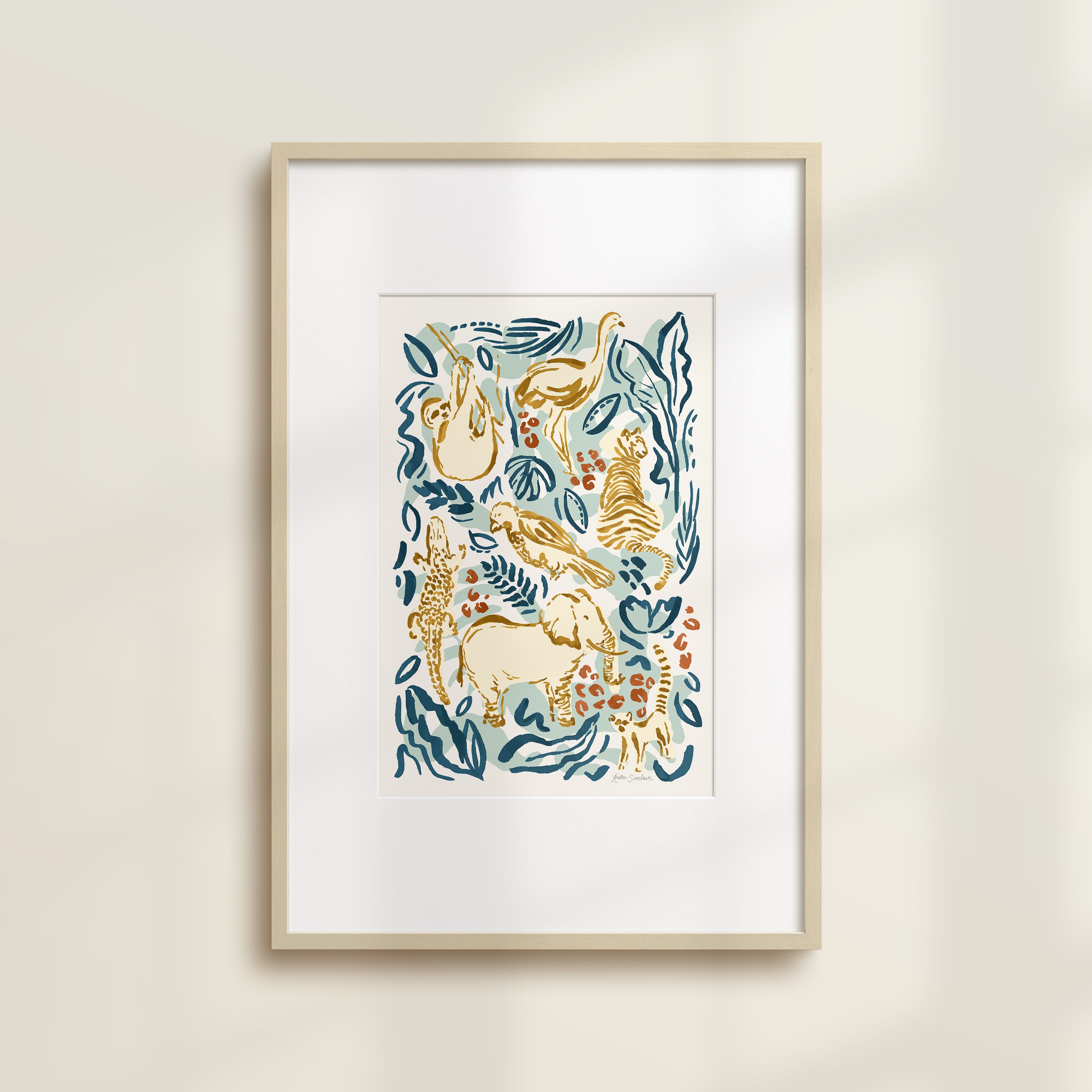 The Safari Jungle Elephant by Katie Sinclair watercolor print in the Safari colorway, in a wooden frame with a white mat.