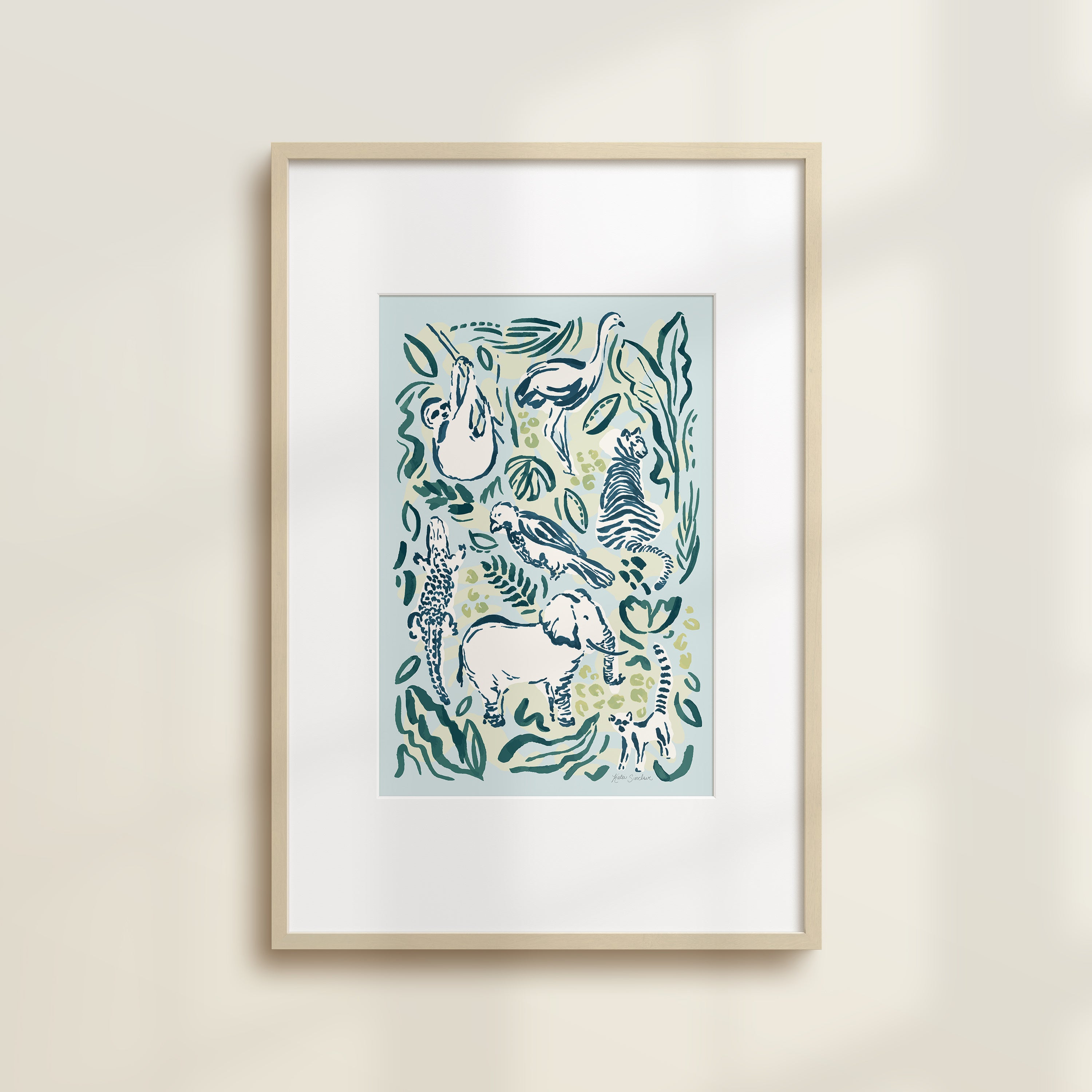 The Safari Jungle Elephant by Katie Sinclair watercolor print in the Sundown colorway, in a wooden frame with a white mat.