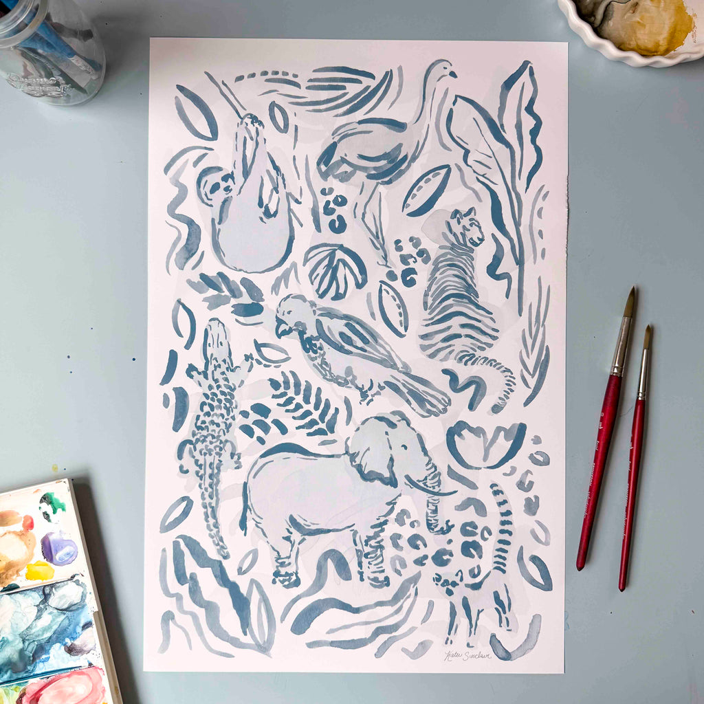 Safari Elephant Seconds Print – 12x18, Soft Blue, Premium Archival Matte