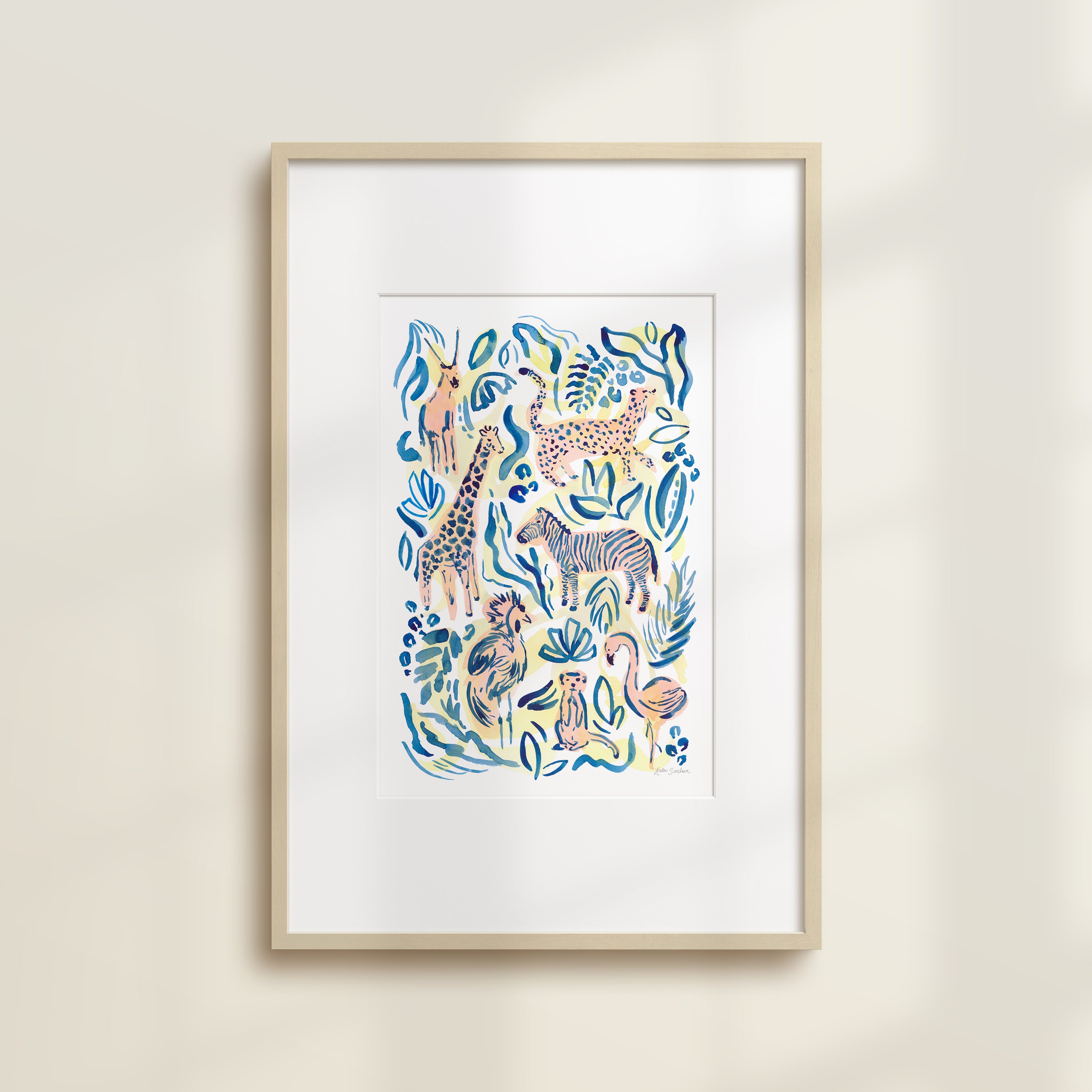 The Safari Jungle Zebra by Katie Sinclair print in the Multi colorway, in a wooden frame with a white mat.