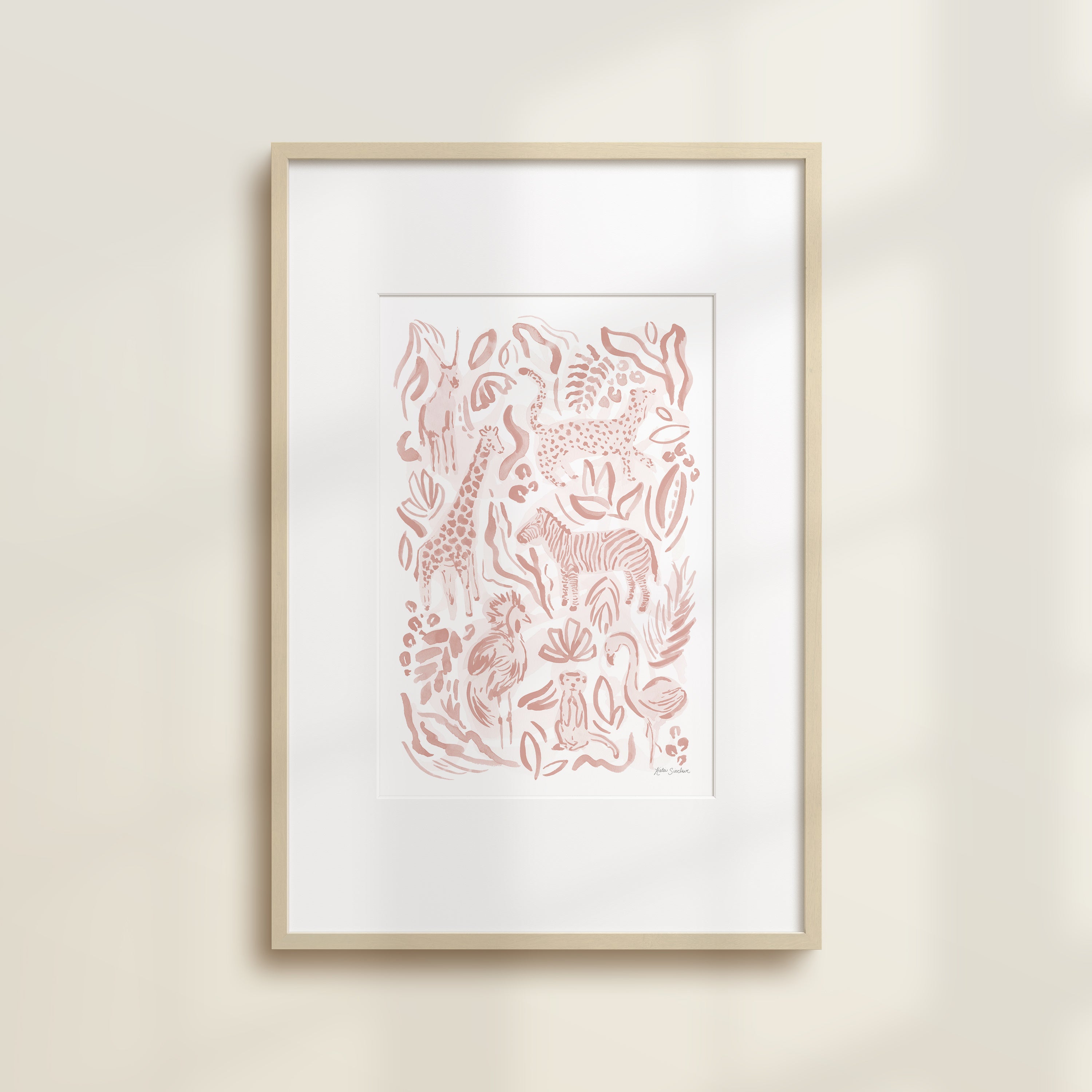 The Safari Jungle Zebra by Katie Sinclair print in the pink colorway, in a wooden frame with a white mat.