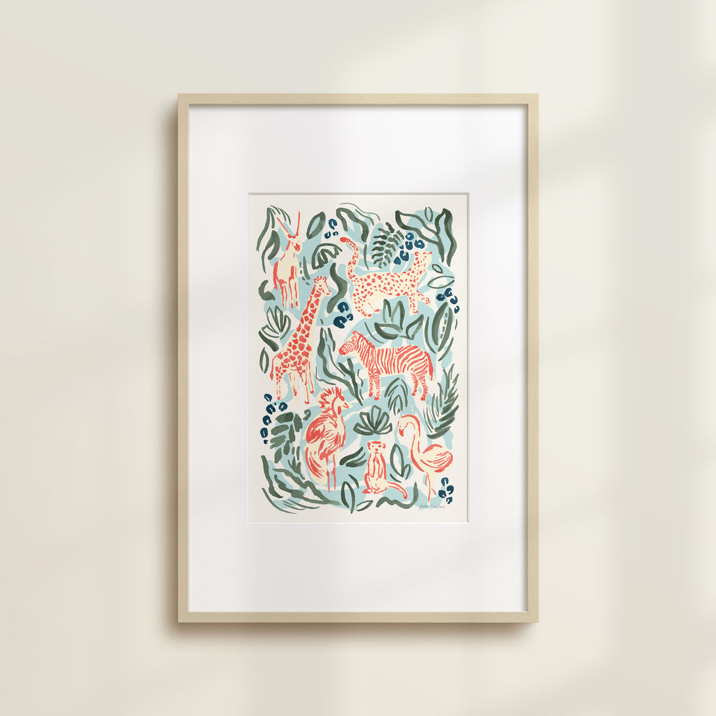 The Safari Jungle Zebra by Katie Sinclair print in the Jungle colorway, in a wooden frame with a white mat.
