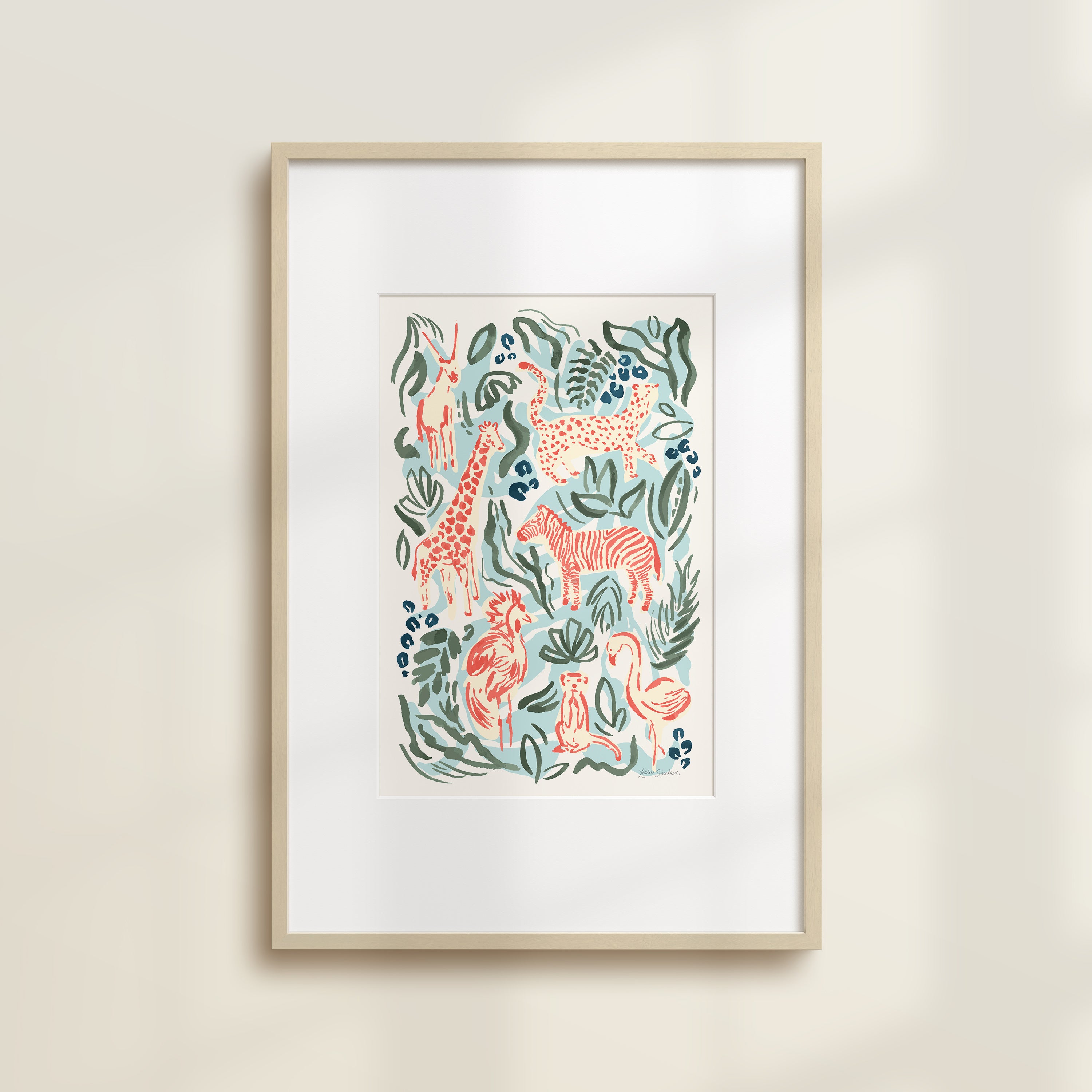 The Safari Jungle Zebra by Katie Sinclair print in the Jungle colorway, in a wooden frame with a white mat.