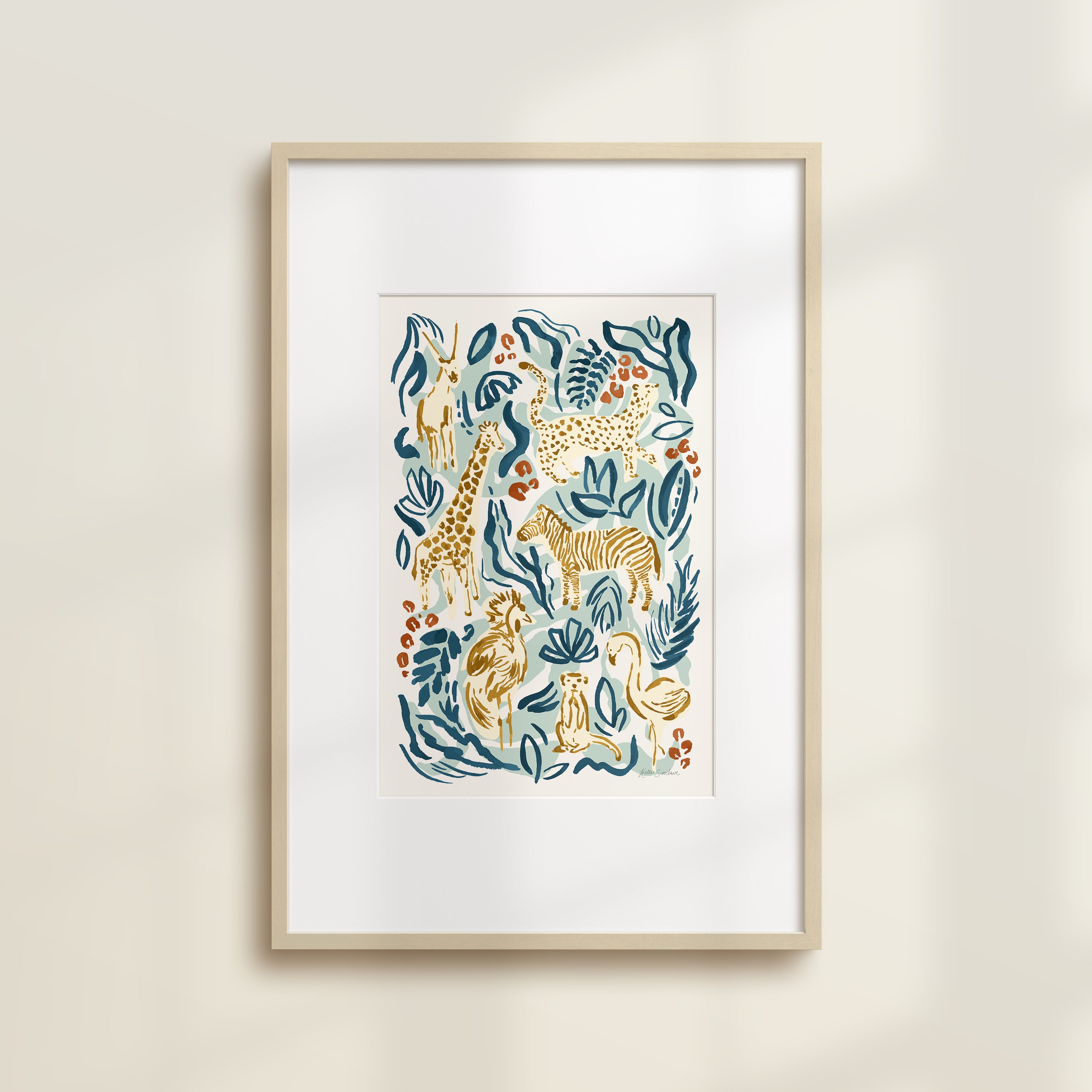 The Safari Jungle Zebra by Katie Sinclair print in the Safari colorway, in a wooden frame with a white mat.