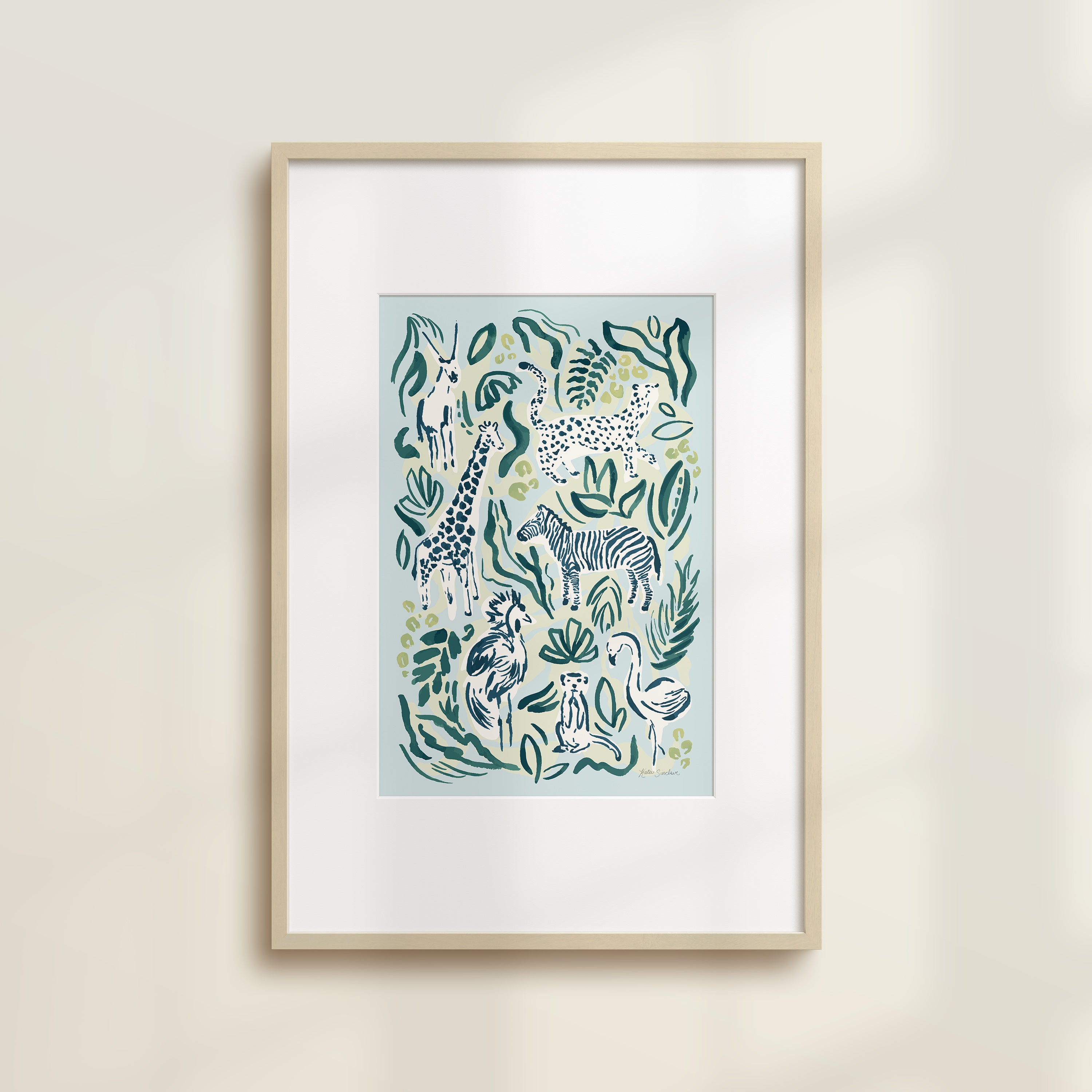 The Safari Jungle Zebra by Katie Sinclair print in the Sundown colorway, in a wooden frame with a white mat.