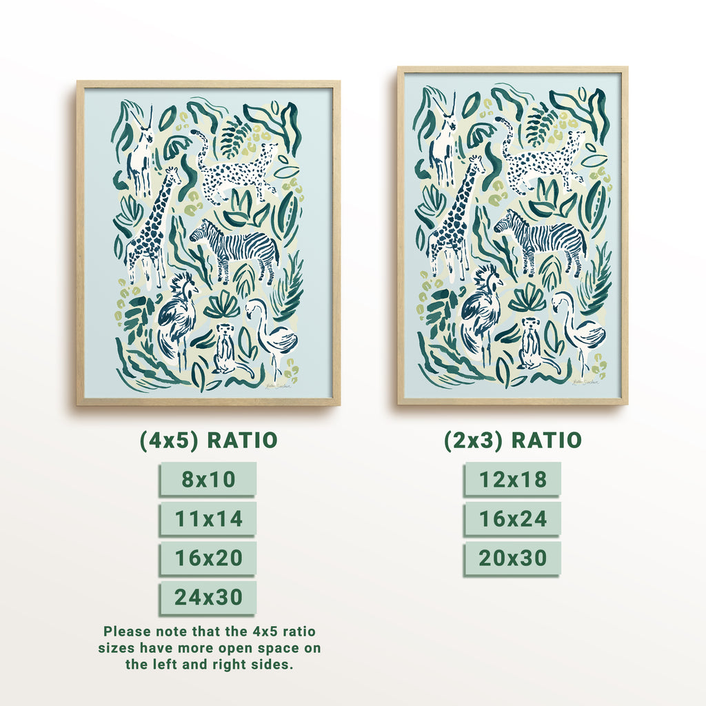 Safari Jungle by Katie Sinclair, showcasing the different print sizes offered and how their ratios look in a frame.